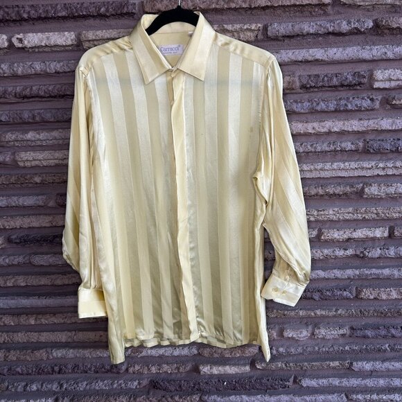 Carracci Vintage Yellow Tone on Tone Striped 100% Silk Disco Shirt Size M As IS - Picture 9 of 9